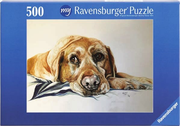 Jigsaw puzzle box printed with the hand-drawn portrait of Roxy the Labrador